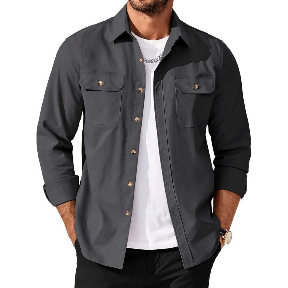 Men’s Casual Shirt Jacket, Long Sleeve Button-Up Shacket with Flap Pockets Gray